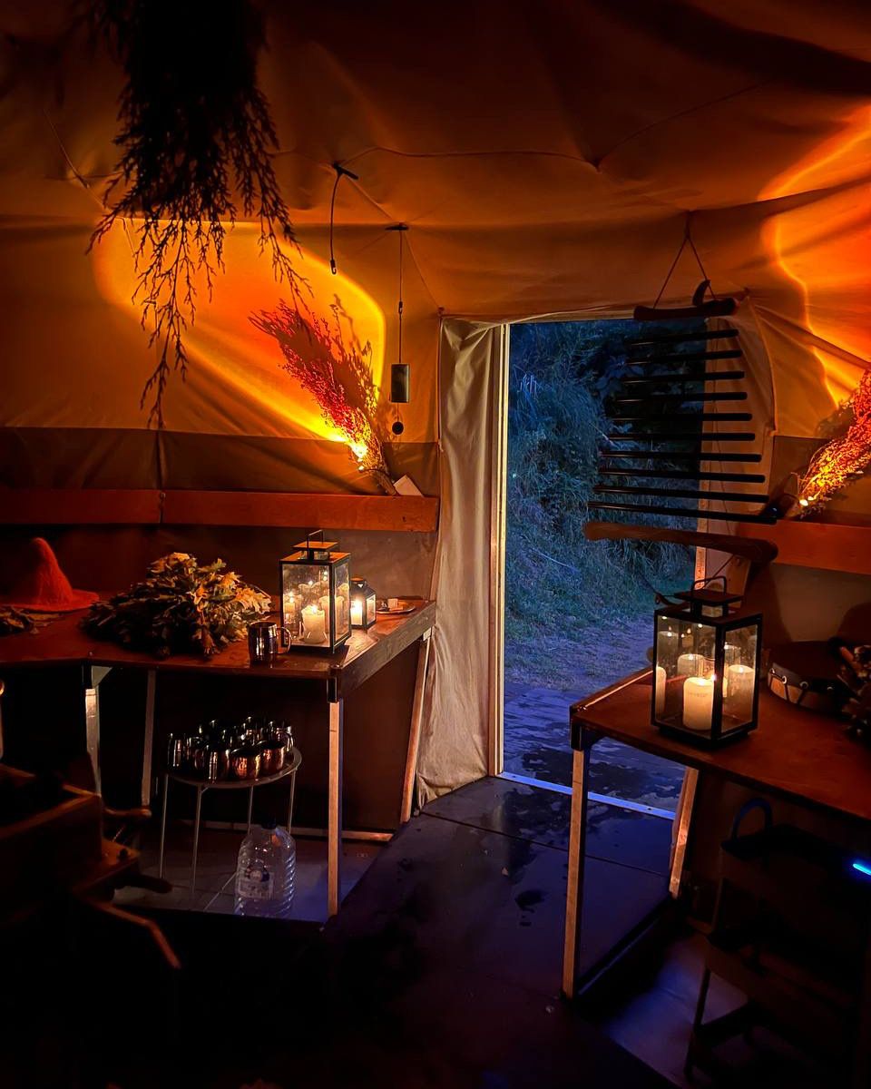 Warm glow inside the Spiral banya